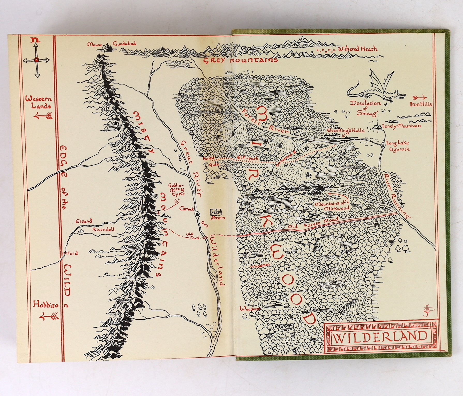 Tolkien, J.R.R. - The Hobbit or There and Back Again. Illustrated by the Author. 2nd edition, sixth impression. coloured frontis and 8 text illus. (7 full page), coloured maps on e/ps., half title; publisher's green clot